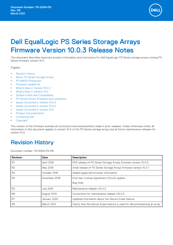 Dell EqualLogic PS Series Storage Arrays Firmware Version 10.0.3 Release Notes - Page 1