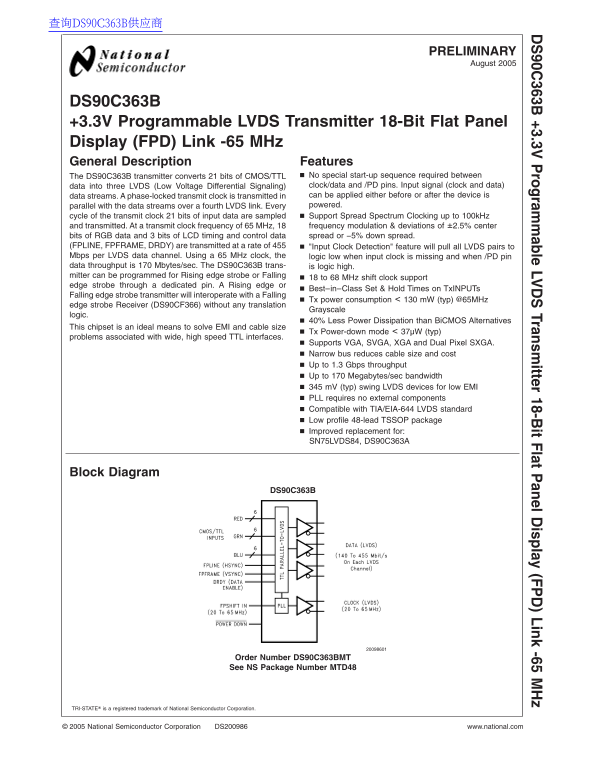 National Semiconductor DS90C363B +3.3V Programmable LVDS Transmitter 18-Bit Flat Panel Display (FPD) Link -65 MHz - Page 1