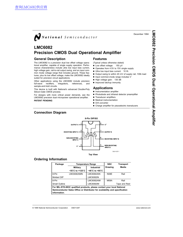 National Semiconductor LMC6082 Precision CMOS Dual Operational Amplifier Data Sheet - Page 1