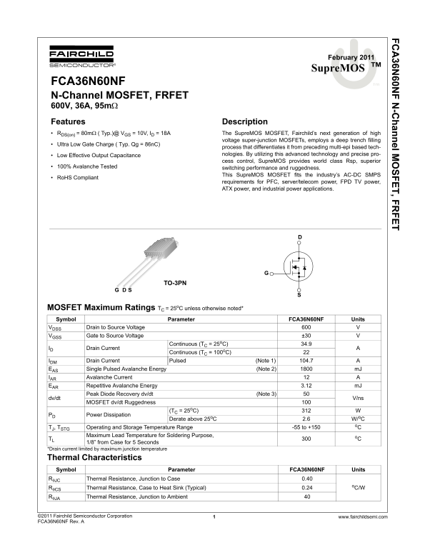 Fairchild FCA36N60NF Specifications Manual - Page 1