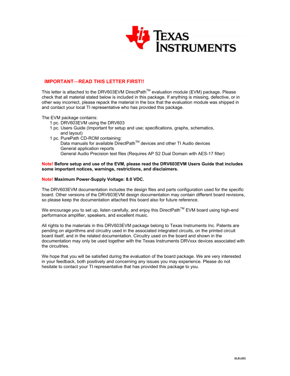 Texas Instruments IMPORTANT—READ THIS LETTER FIRST User Guide - Page 1