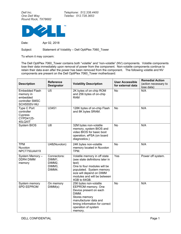 Dell OptiPlex 7060 Tower - Statement of Volatility - Page 1