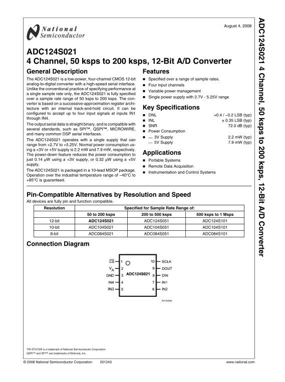 National Semiconductor - ADC124S021 4 Channel, 50ksps to 200ksps, 12-Bit AD Converter Owner's Manual - Page 1
