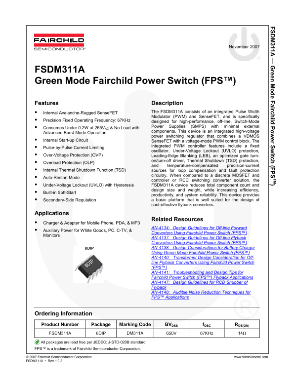Fairchild FSDM311A Green Mode Power Switch (FPS) Data Handbook - Page 1