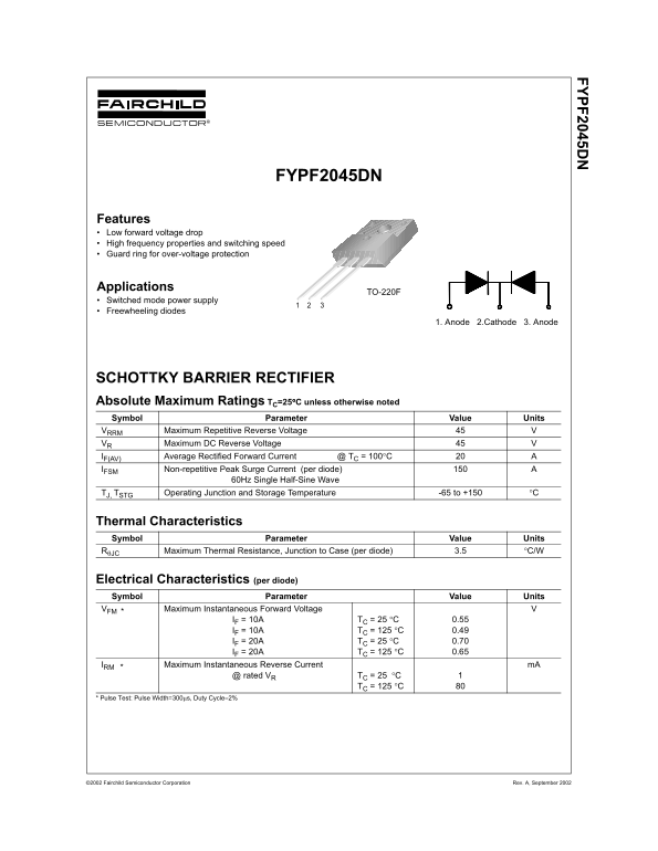 Fairchild FYPF2045DN Data Sheet Schottky Barrier Rectifier - Page 1