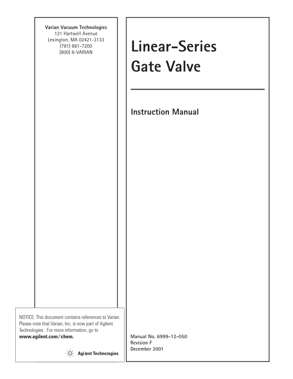 Agilent Linear-Series Gate Valve User's Manual and Installation Instructions - Page 1