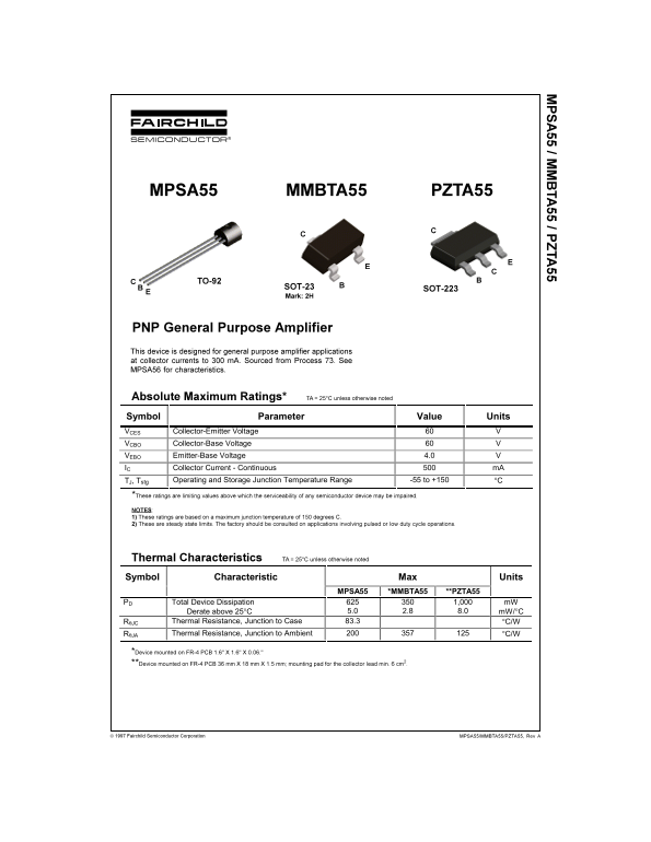 Fairchild MPSA55 MMBTA55 PZTA55 PNP General Purpose Amplifier Data Manual - Page 1