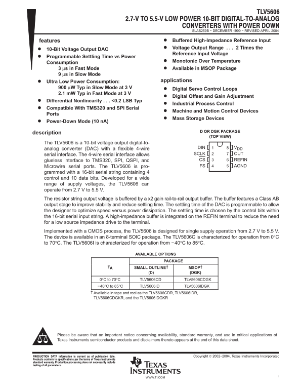 Texas Instruments TLV2606 Data Sheet - Page 1