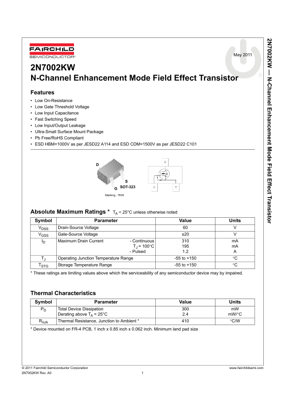 Fairchild 2N7002KW N-Channel Enhancement Mode Field Effect Transistor Data Handbook - Page 1