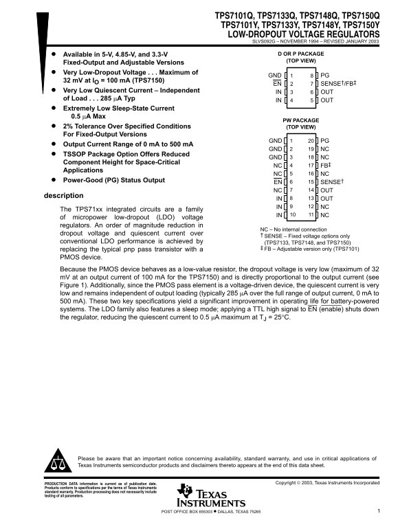 TEXAS INSTRUMENTS TPS7101Q, TPS7133Q, TPS7148Q, TPS7150Q TPS7101Y, TPS7133Y, TPS7148Y, TPS7150Y LOW- DROPOUT VOLTAGE REGULATORS OWNER' S MANUAL USER' S GUIDE - Page 1