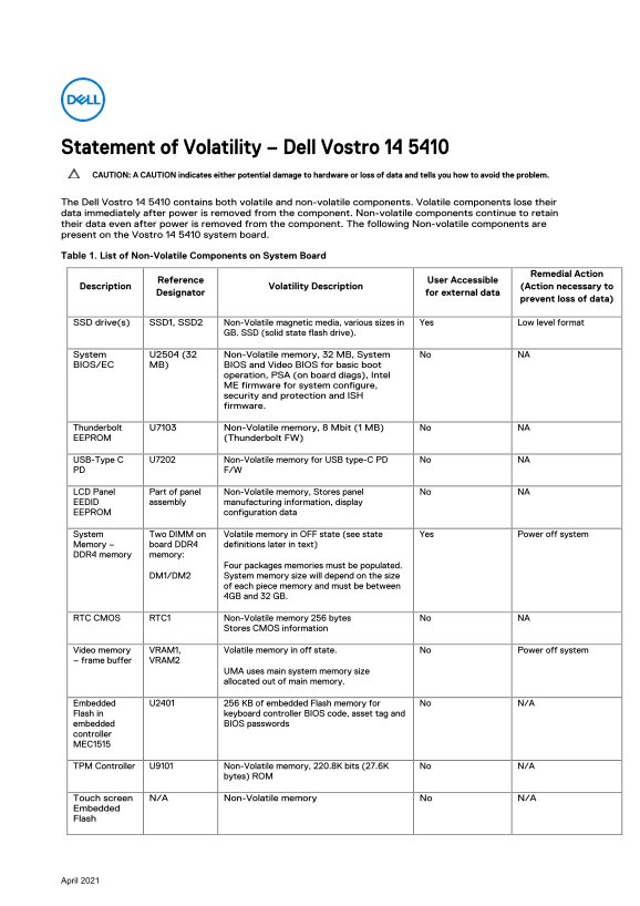 Dell Vostro 14 5410 Statement of Volatility - Page 1