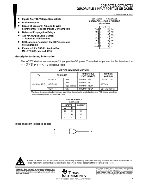 Texas Instruments CD54ACT32, CD74ACT32 Data Handbook/Specifications Sheet - Page 1