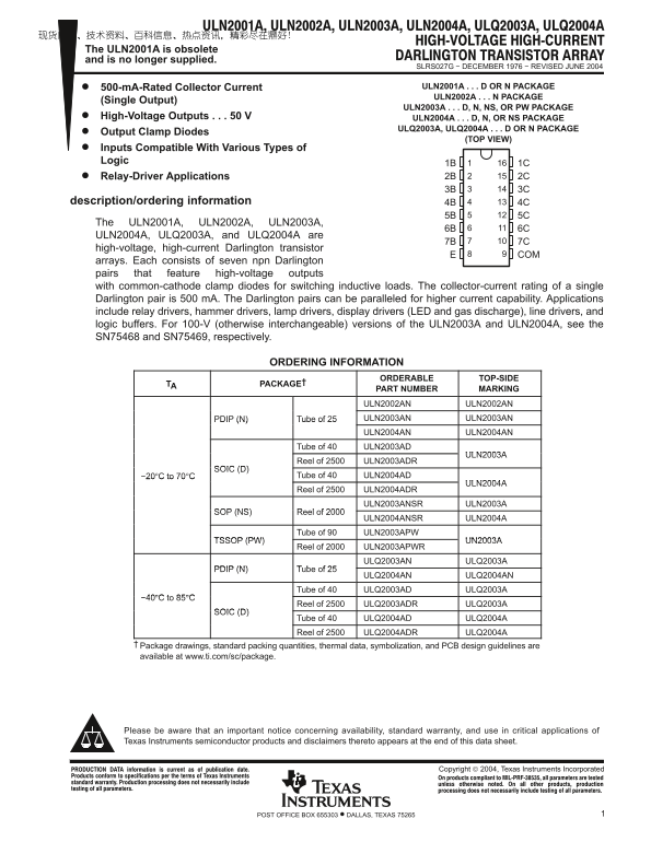 Texas Instruments ULN2001A Data Sheet - Page 1