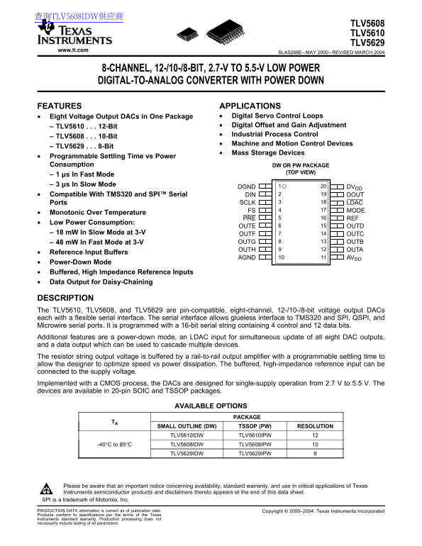 Texas Instruments TLV5608 TLV5610 TLV5629 8-CHANNEL, 12- 10- 8-BIT, 2.7-V TO 5.5-V LOW POWER DIGITAL-TO-ANALOG CONVERTER WITH POWER DOWN Data Sheet Manual User Guide - Page 1