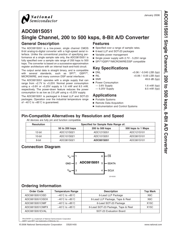 NATIONAL SEMICONDUCTOR - ADC081S051 Single Channel Data Sheet, 200 to 500 ksps, 8-Bit Analog-to-Digital Converter - Page 1