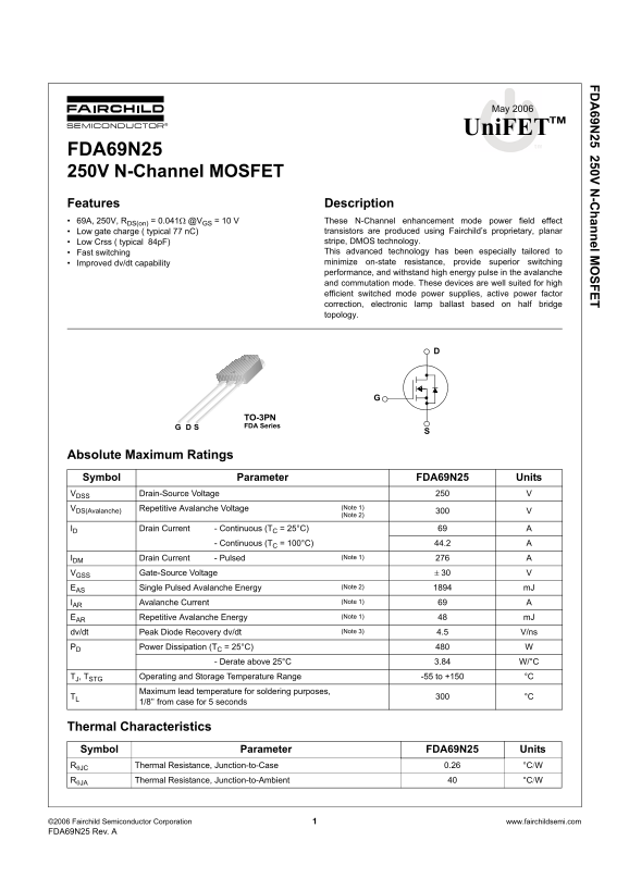 Fairchild FDA69N25 Specifications Manual - Page 1