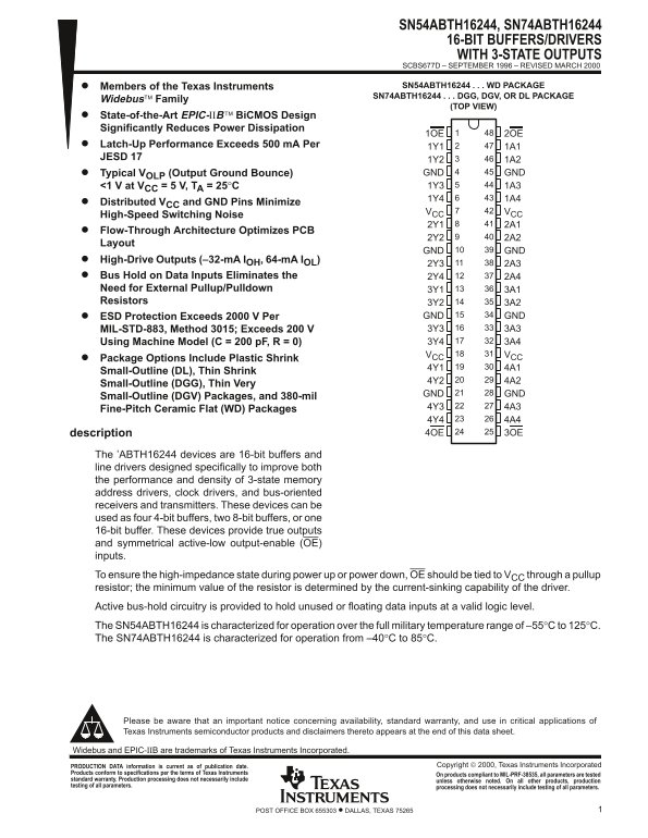 Texas Instruments SN54ABTH16244, SN74ABTH16244 Data Handbook - Page 1