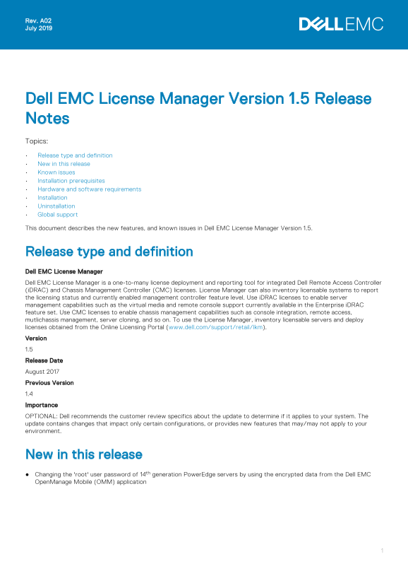 Dell EMC License Manager Version 1.5 Release Notes - Page 1