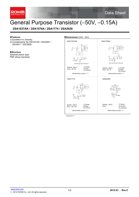 ROHM 2SA1576A 2SA1774 2SA2029 2SA1037AK User Manual and Specifications - Page 1