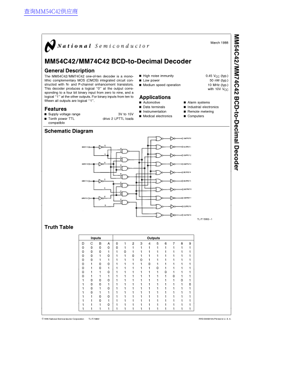 National Semiconductor MM54C42 MM74C42 BCD-to-Decimal Decoder Data Sheet Owner's Manual - Page 1