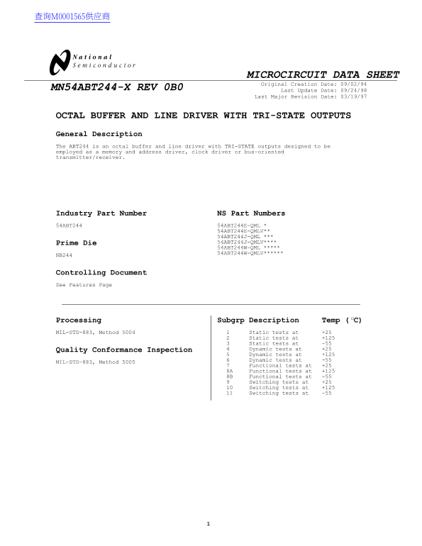National Semiconductor MN54ABT244-X REV 0B0 Data Sheet - Page 1