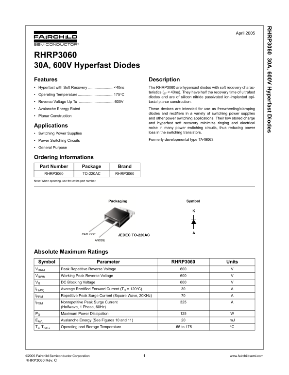Fairchild RHRP3060 30A, 400V 600V Hyperfast Diodes Data Manual - Page 1