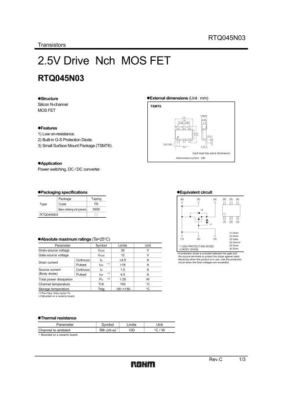 ROHM RTQ045N03 Data Sheet - Page 1