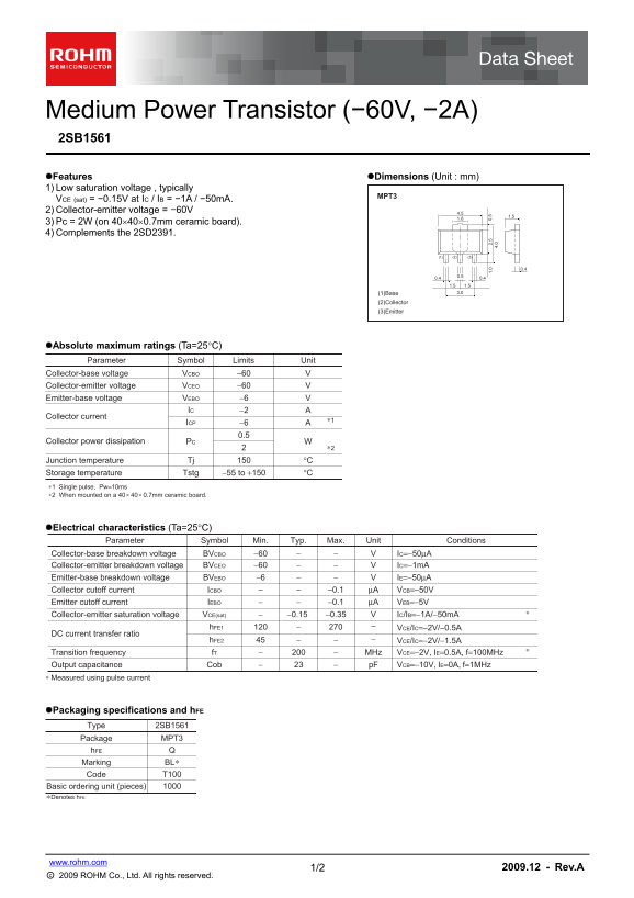 ROHM 2SB1561 User Guide and Manual - Page 1