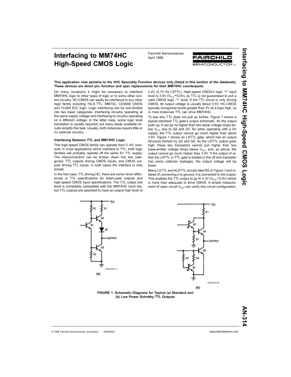FAIRCHILD Interfacing to MM74HC High-Speed CMOS Logic Data Sheet - Page 1