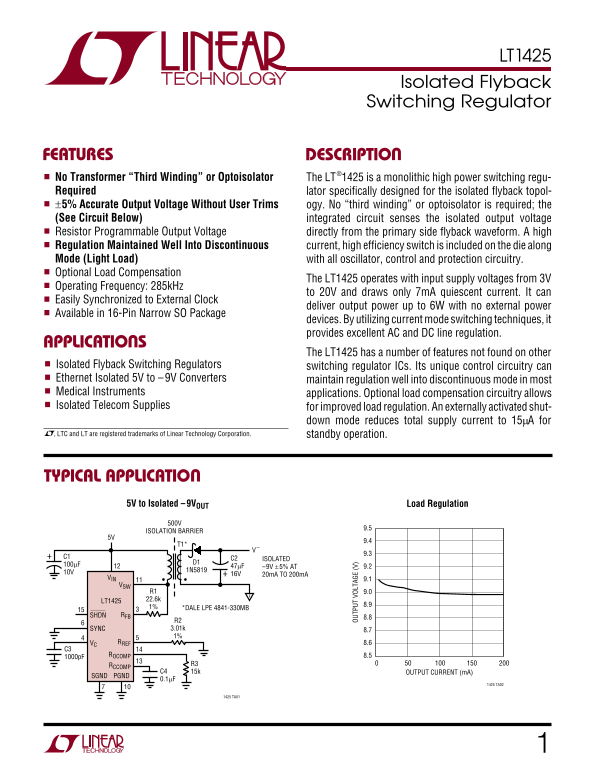 LINEAR TECHNOLOGY LT1425 Data Sheet - Page 1