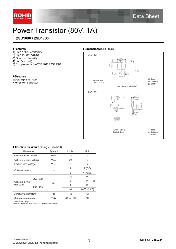 ROHM 2SD1898 2SD1733 Data Sheet - Page 1