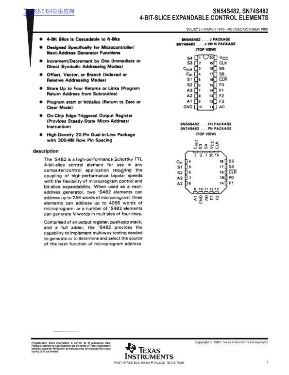 Texas Instruments SN54S482, SN74S482 4-Bit-Slice Expandable Control Elements Data Sheet Manual - Page 1