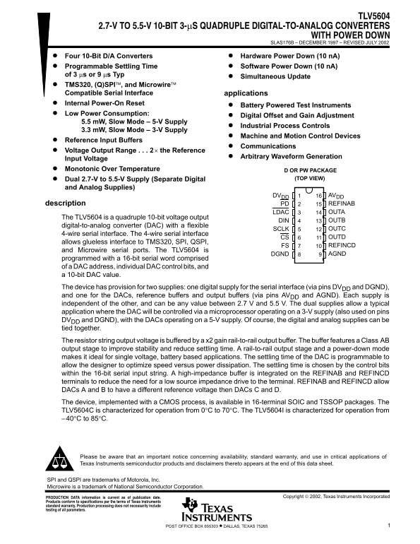 Texas Instruments TLV5604 2.7-V to 5.5-V 10-Bit 3-μs Quadruple Digital-to-Analog Converters with Power Down Owner's Manual - Page 1