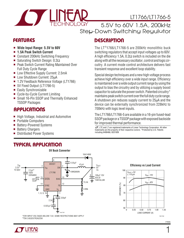 LINEAR TECHNOLOGY LT1766 LT1766-5 Specifications User Guide - Page 1