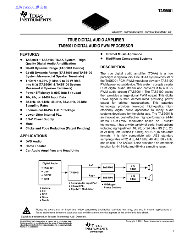 TEXAS INSTRUMENTS TAS5001 Data Sheet - Page 1