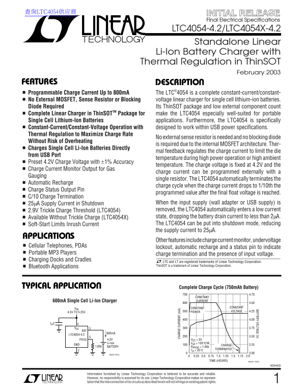 LINEAR LTC4054-4.2/LTC4054X-4.2 DATA SHEET - Page 1