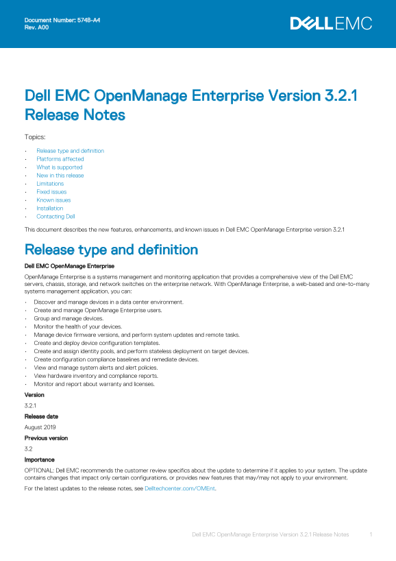 Dell EMC OpenManage Enterprise Version 3.2.1 Release Notes - Page 1