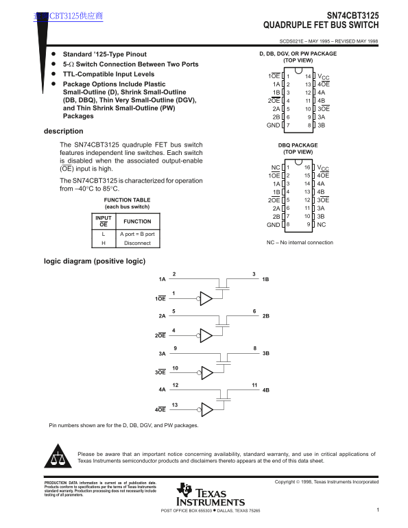 Texas Instruments SN74CBT3125 Data Handbook/Manual - Page 1