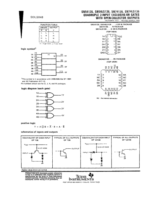 Texas Instruments SN54136 SN74136 Data Sheet Handbook - Page 1