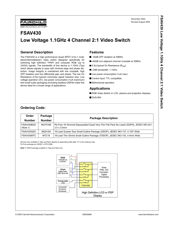 Fairchild FSAV430 Low Voltage 1.1GHz 4-Channel 2:1 Video Switch Data Sheet and User Manual - Page 1