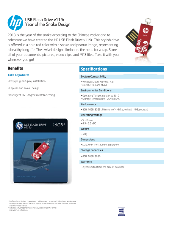 HP USB Flash Drive Series - HP v119r USB Flash Drive - Product Information - Page 1