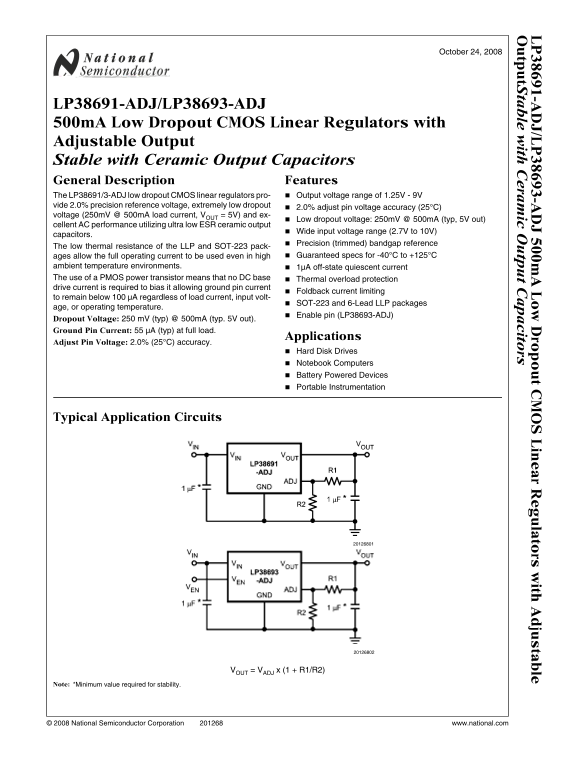 National Semiconductor LP38691-ADJ LP38693-ADJ Specifications and User Manual - Page 1