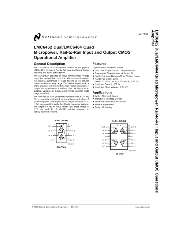 National Semiconductor LMC6462 Dual LMC6464 Quad Data Sheet - Page 1