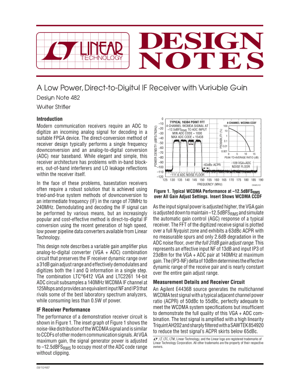 LINEAR A Low Power, Direct-to-Digital IF Receiver with Variable Gain Design Note 482 Walter Stroiffer - Page 1