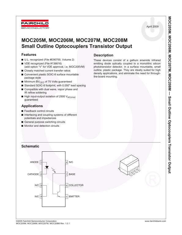 Fairchild MOC205M, MOC206M, MOC207M, MOC208M Small Outline Optoisolators Transistor Output Datasheet Manual - Page 1