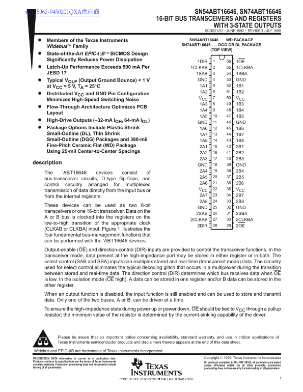 TEXAS INSTRUMENTS SN54ABT16646, SN74ABT16646 - 16-BIT BUS TRANSCEIVERS AND REGISTERS WITH 3-STATE OUTPUTS USER MANUAL - Page 1