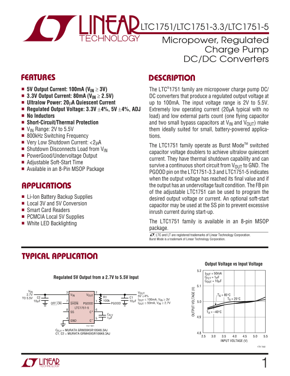 LINEAR TECHNOLOGY - 1 LTC1751 LTC1751-3.3 LTC1751-5 Data Sheet Owner's Manual - Page 1