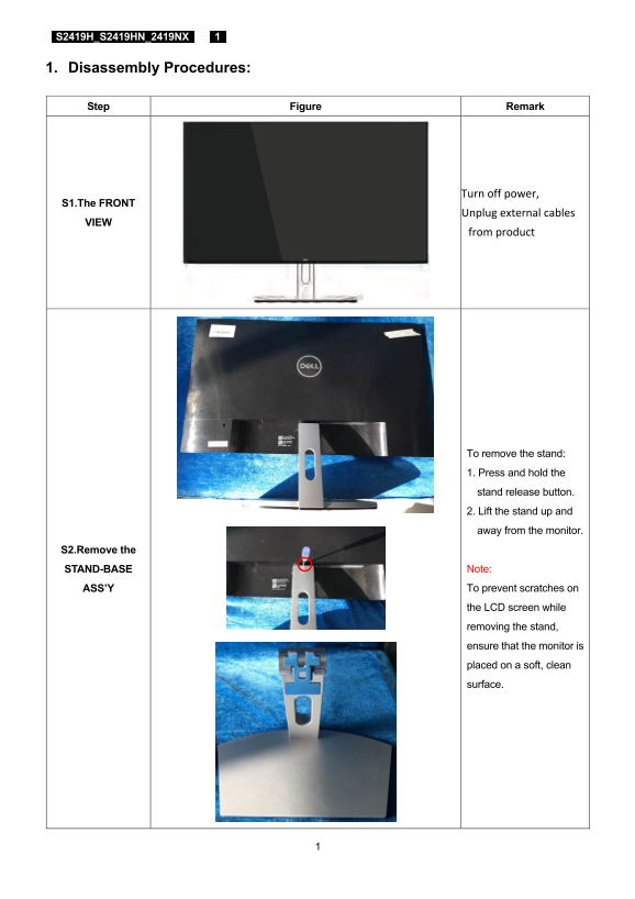 Dell S2419H Monitor Teardown Instructions - Page 1