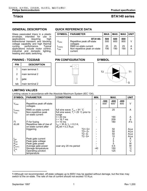 Philips Semiconductors BTA140 Series Data Sheet - Page 1