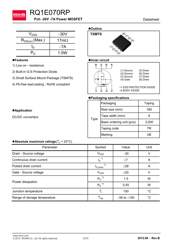 ROHM RQ1E070RP Data Handbook - Page 1